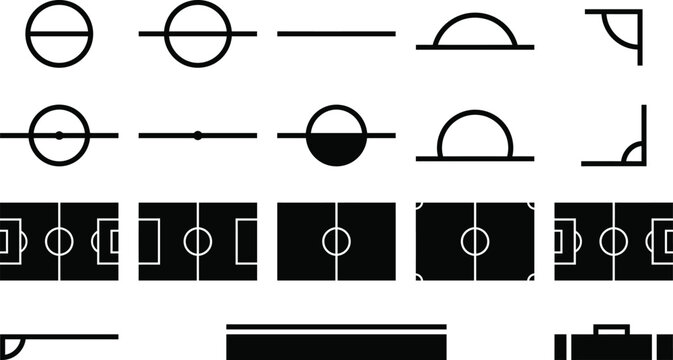 Collection of black and white representing soccer field and abstract shapes football field symbol line