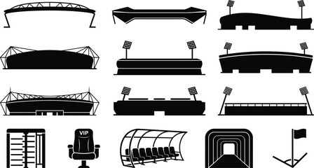 Collection of black and white silhouette of sports stadiums and related football stadium soccer stadium © GR Graphics