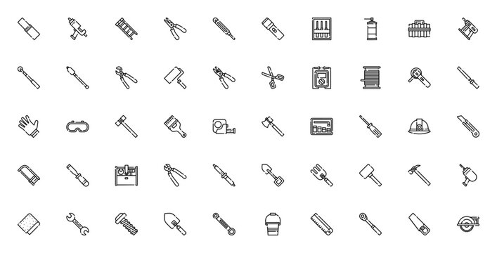 Tool box icon set. Minimalist vector icons pack. Includes symbols for socket, wrench, hammer, screwdriver, pliers, saw, drill, flashlight, helmet, gloves, cutter, tape and more. Editable stroke.