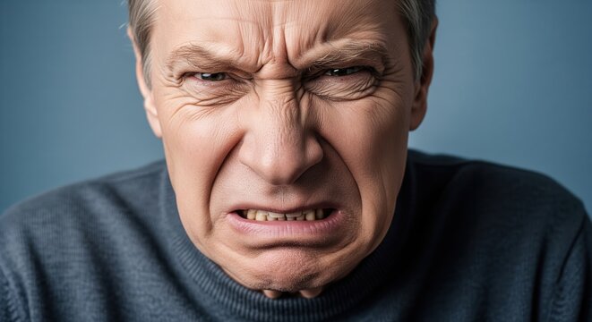 Portrait Of An Angry Senior Man With An Aggressive Scowl On A Solid Blue Background