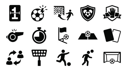 Collection of black and white soccer including scoreboard, ball, goal, players, whistle, stopwatch, cards, and © GR Graphics