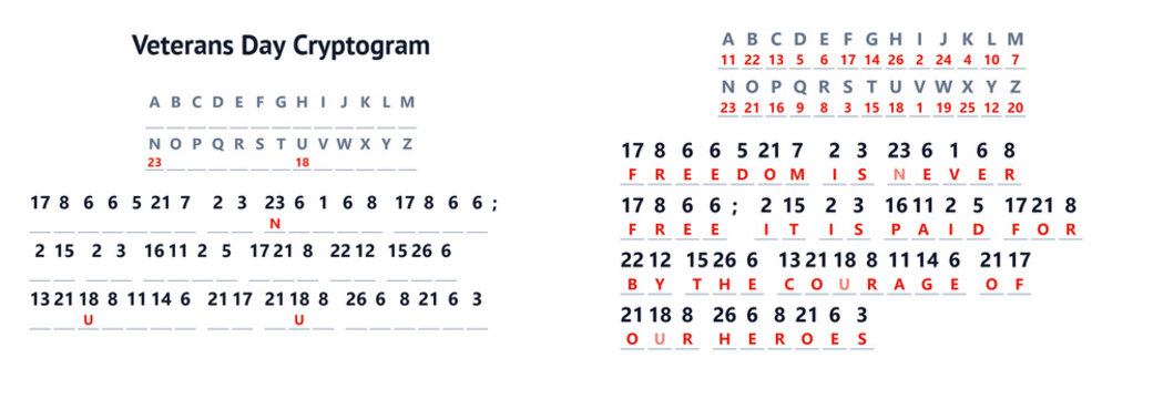 Veterans Day cryptogram puzzle with letters and numbers on paper  