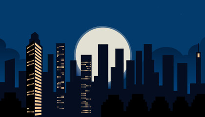 Fototapeta premium A flat vector illustration of a nighttime city skyline, featuring dark building silhouettes against a deep blue sky, with a large glowing full moon as the centerpiece. Some buildings have warm yellow.