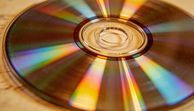 Displaying single reflective optical disc lying on light wooden desk with rainbow diffraction bands