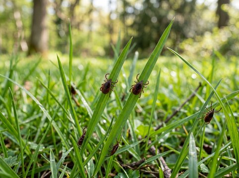 Close up of ticks on green grass blades in a forest meadow for nature background and pest awareness educational banner on outdoor health and prevention