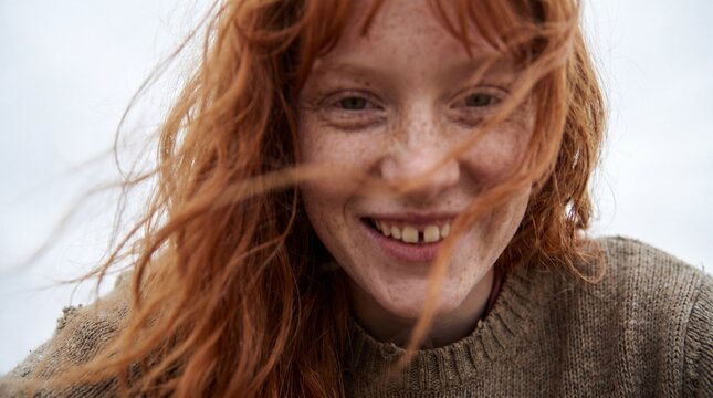 Cinematic low angle closeup portrait of a smiling redhead in a knitted sweater for emotive banner and wallpaper design