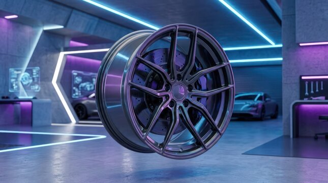 Futuristic alloy wheel display in neon auto showroom