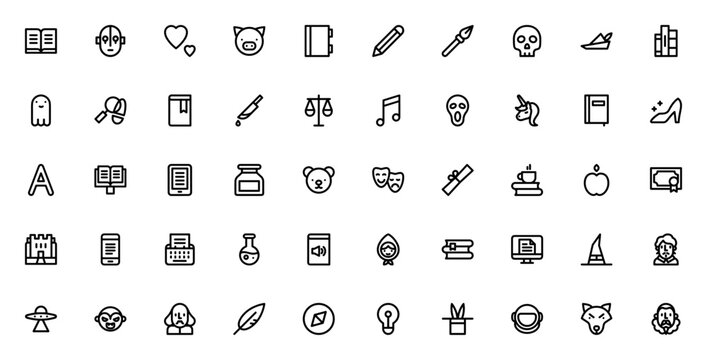 Literature icon set. Minimal vector icons pack. Includes book, pen, Shakespeare, detective, ghost, vampire, magic, adventure, science fiction, unicorn, and more. Editable stroke.