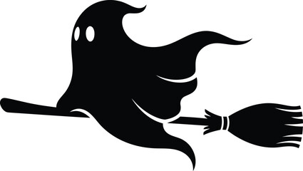 Spooky Halloween ghost silhouette flying on a magic wooden broomstick vector illustration © CreatiMart