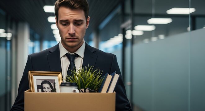 Upset Businessman Looking Down While Carrying Cardboard Box Leaving Workplace After Being Laid Off