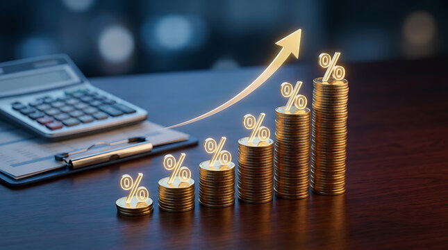 Rising stacks of gold coins with percentage symbols and a growth arrow indicating financial success and investment returns