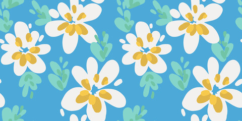 Obraz premium Seamless summer floral pattern with white flowers, yellow accents, mint leaves, and bright blue background. Perfect for textiles, wallpaper, packaging, and stationery