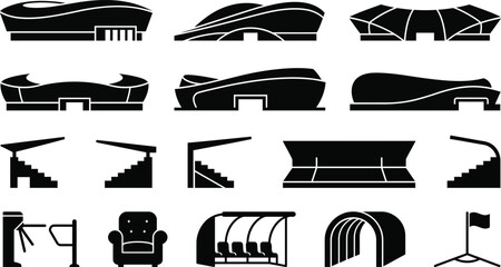 Collection of black stadium and sports venue including grandstands, turnstiles, and dugouts silhouette © GR Graphics