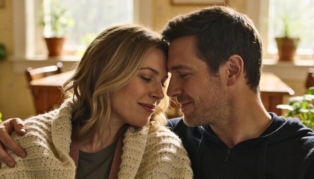 Embracing couple leaning heads together on couch in cozy dining area, with chunky cream blanket