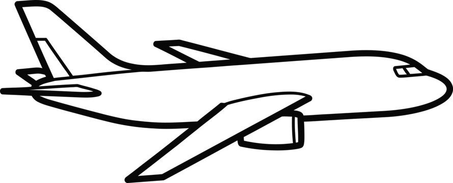 Black line of an airplane in flight, side view aircraft line black and white
