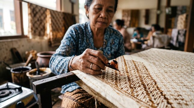 Senior Woman Creating Batik Art in Traditional Indonesian Workshop.
