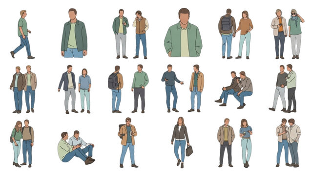 Various people in casual outfits illustrated in 2D CAD vector styles