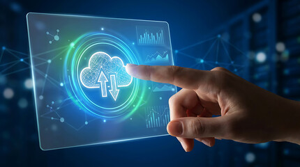 Fototapeta premium Finger touching a digital cloud computing interface with data sync icons and analytics graphs for network connectivity management