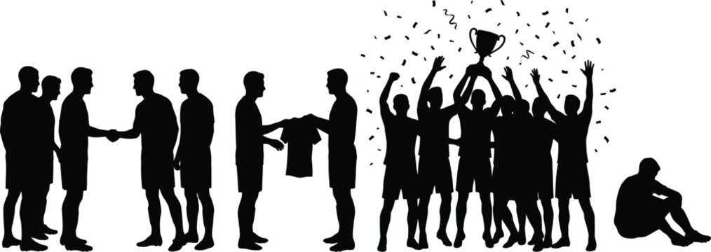 Silhouettes of soccer players celebrating victory with trophy and confetti, and a dejected player football