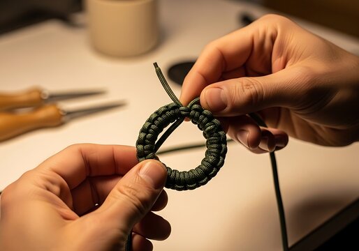 Closeup of hands crafting a paracord ring