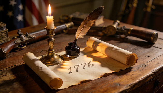 Displaying aged parchment bearing 1776 lying on worn wooden desk with scrolls, candlestick, quill