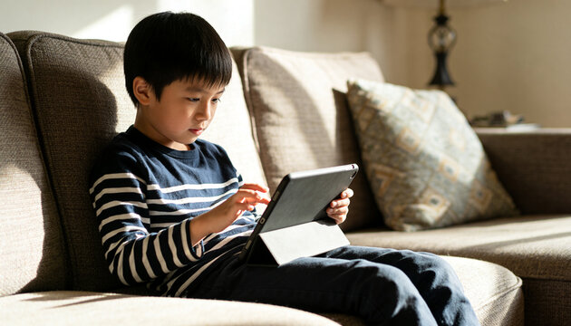 Sitting child wearing striped shirt holding tablet in folio at home, with sofa and patterned pillow