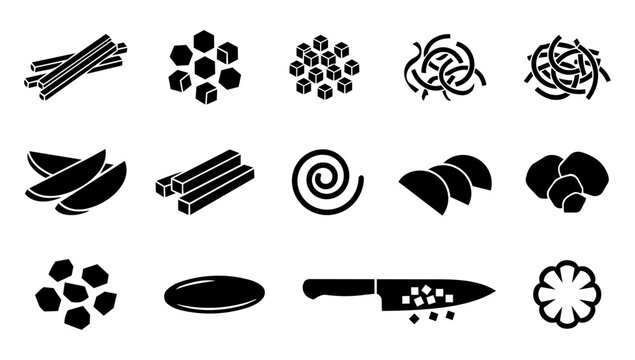 Vegetable Cutting Technique and Culinary Knife Cut Silhouette Icons Set