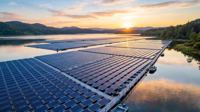 Aerial tracking slow pan of floating solar panels reflecting sunrise over reservoir and forest hills
