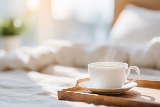 Hot tea cup on wooden tray over cozy bed in soft morning sunlight for calm wellness and slow living lifestyle concept or website hero banner use