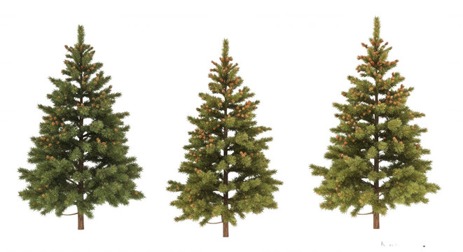 Three isolated green coniferous evergreen trees with pine needles and small brown pinecones against a solid black background