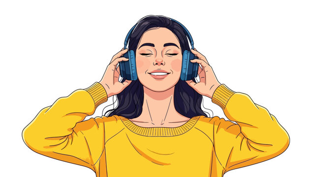 Woman wearing blue headphones, relaxed expression, yellow sweater, music concept, isolated background