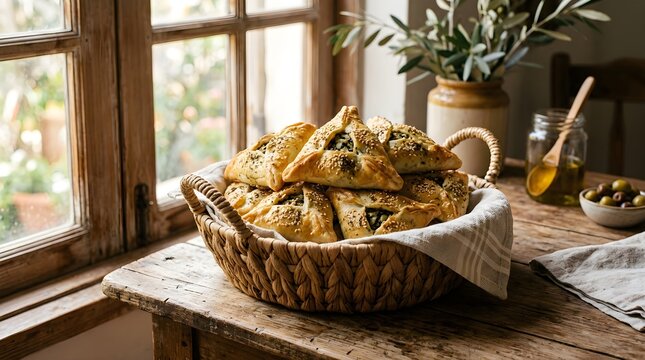 Handmade spinach fatayer pastries in woven basket on rustic wooden table near sunny window with olive oil and fruit.