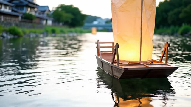 Glowing paper lantern floating on a river at dusk. Small wooden boat carrying light during a traditional Japanese festival. Toro Nagashi memorial ceremony concept