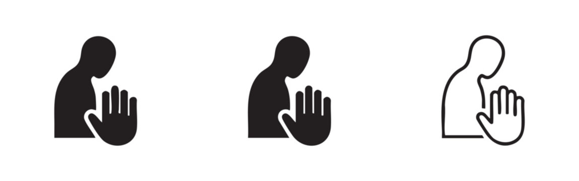 Stop hand gesture or prayer meditation icon set, symbolizing refusal, plea, or respect