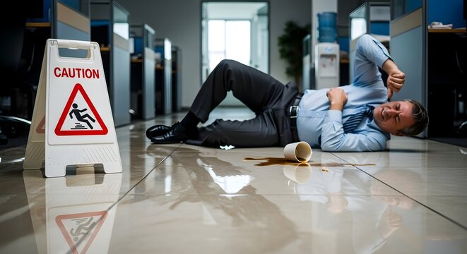 Man fallen on wet floor in office corridor with caution sign and spilled coffee representing personal injury law scenario.