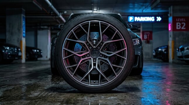 Sport car wheel in modern parking garage at night