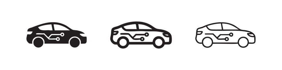 Fototapeta premium Electric car icons with circuit board, set of three different styles - solid, outlined, and hand-drawn.