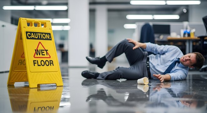 Wet floor slip accident in parking garage showing fallen man, caution sign, spilled coffee, evokes personal injury law claim for slip and fall liability.