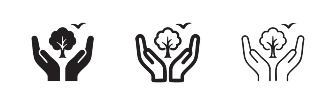 Hands holding tree icon set, environmental protection symbol, nature conservation or ecology on white background