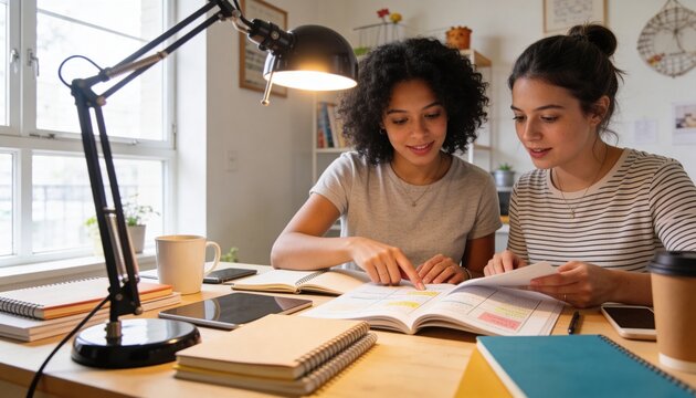 Pointing two women turning pages at home study table, with open textbook and desk lamp