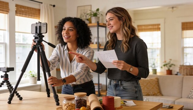 Adjusting two creators wearing striped tops positioning phone on tripod on table with jars notes