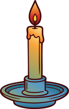 A LIT CANDLE WITH A YELLOW FLAME ON A BLUE SAUCER