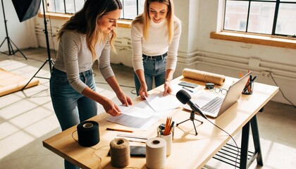 Naklejka premium Leaning pair arranging papers on wooden table in loft, wearing striped and white tops with jeans