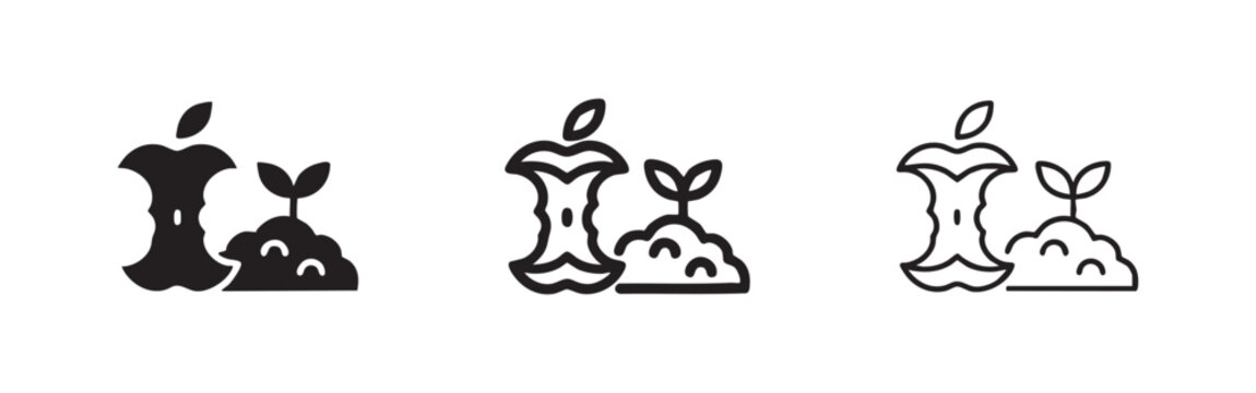 Composting and organic waste recycling icon set with apple core and plant