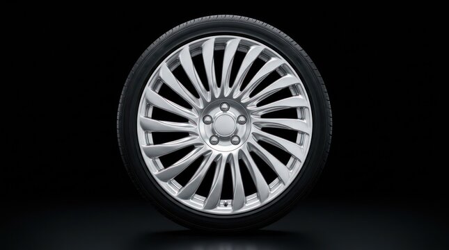 Shiny chrome car wheel rim on dark studio background