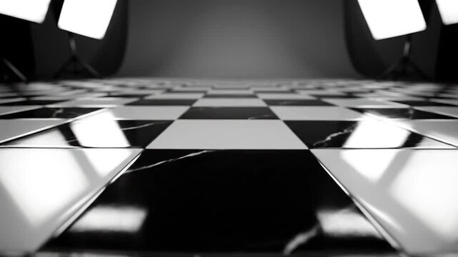 Black and white checkered marble floor in professional studio with softbox lighting