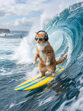 Orange and white cat with headphones and sunglasses surfing a big ocean wave