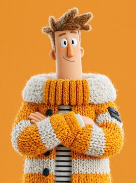 Charming stop motion style clay puppet character in a yellow and white knitted sweater