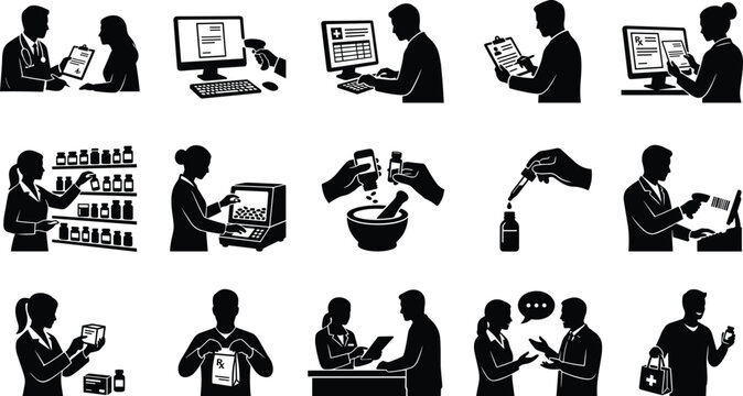 Pharmacy and pharmacist silhouette icon set featuring medication dispensing, mortar and pestle compounding, and prescription customer service
