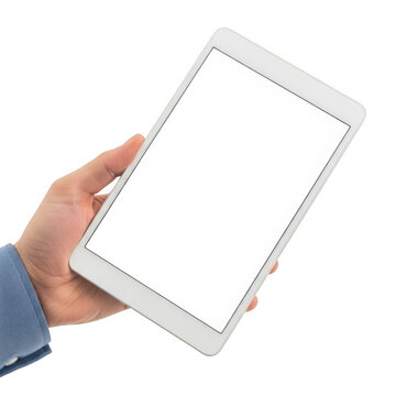 Hand holding white tablet with dotted border isolated on transparent background